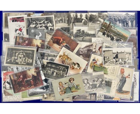 Postcards, Sports and Games, approx. 70 cards, RPs, printed and comic featuring Ju jitsu, ice hockey, hockey on wheels, billi