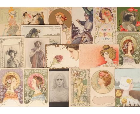 Postcards, Glamour, inc. Art Nouveau, Kosa, Tucks, Pinkawa, Fidus, Henri Meunier (unsigned), Bernhardt, Xmas hold to Light, F