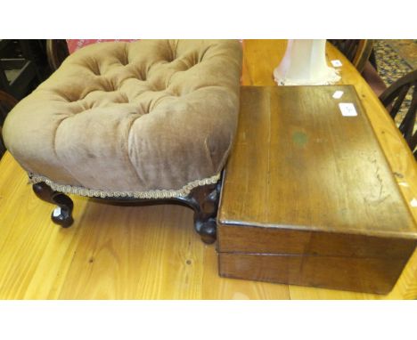 A Victorian rosewood button upholstered footstool on cabriole legs, together with a mahogany writing slope (interior missing)