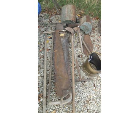 A collection of large vintage tools / farming implements, to include band saws, push-along lawn mower "Ransomes Automaton Min