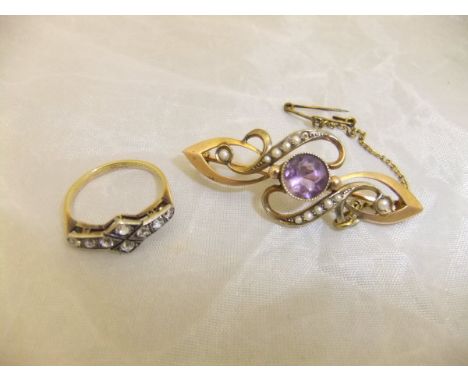 An 18 carat gold diamond set dress ring, and a 9 carat gold amethyst and seed pearl set bar brooch CONDITION REPORTS Both wit