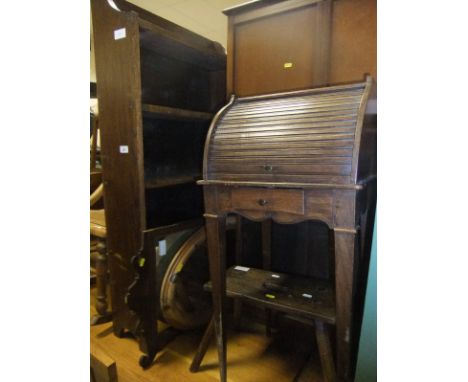 An oak bureau with linenfold decoration to the fall, a green painted pine side table, green painted bench, tambour fronted te