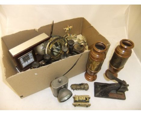 A box of assorted items, to include a pair of brass and copper vases decorated with children in Dutch clothing, a bicycle lam