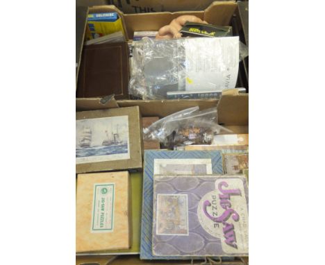 Two boxes of vintage toys and games to include Chad Valley and Delta, a Victory jigsaw puzzle of "The Union Castle Liner Winc