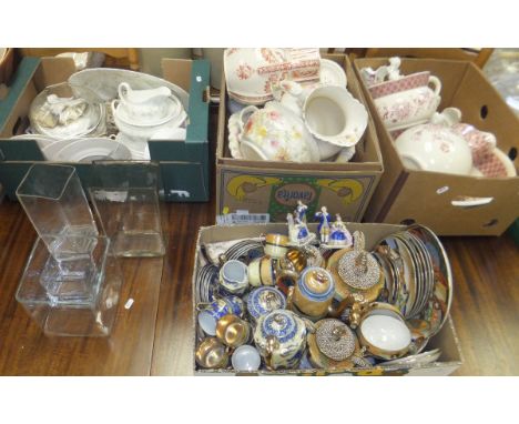 Four boxes of china and glassware to include a collection of Wedgwood "Campion" pattern dinner wares to include oval platter,