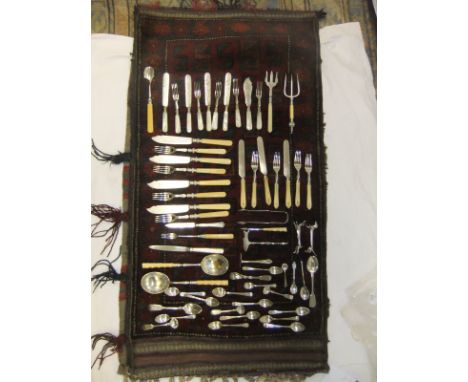 Three bags of assorted plated cutlery, to include bread fork, pusher, sardine servers, etc, together with two silver teaspoon