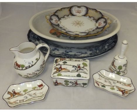 A small collection of Crown Staffordshire and Coalport "Hunting Scene" pattern china wares to include trinket dish and cover,