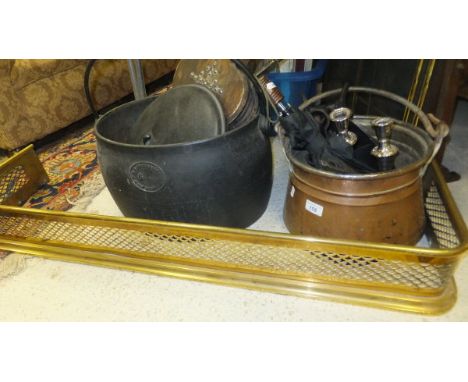 A collection of metal and treen wares to include a copper cauldron, a large cast iron pot with lid, a pair of bellows, a spar