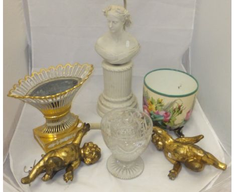 A Parian ware pillar, together with a Parian ware bust of a lady, mounted as a table lamp, a Continental porcelain basket, wi