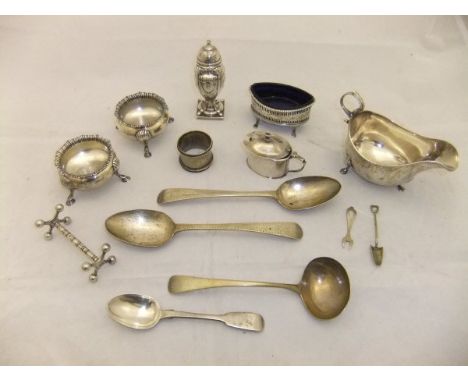 A collection of silver to include a Hester Bateman bright cut spoon, together with another similar, a silver teaspoon, a silv