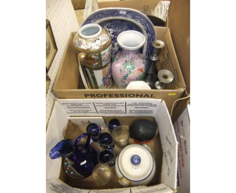 Two boxes of sundry china and glass ware to include various vintage tea wares, trinket boxes, etc, together with five various