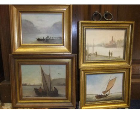 ALAN P THOMAS "Steamship in harbour with figures", oil on panel and three further seascape oils on panel by the same artist