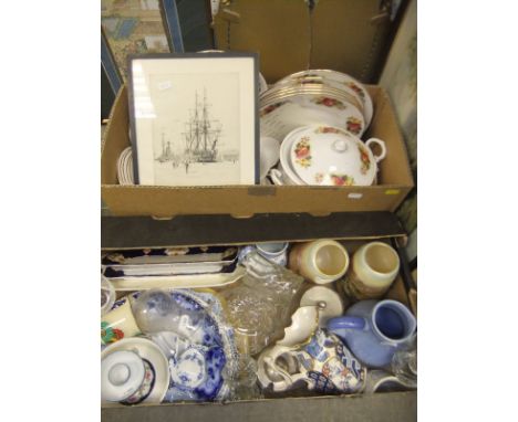 Two boxes of assorted china wares to include decorative plates, jugs, etc and a Gainsborough part dinner service, together wi