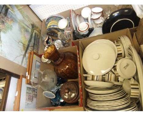 Four boxes of chinaware to include a South European part tea service, a pair of Brackenlea ceramic figures of bears, Midwinte