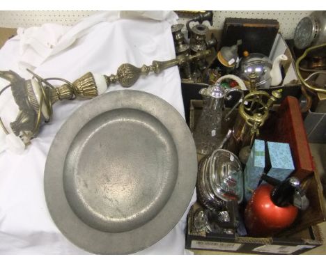 Two boxes of sundry items to include an 18th Century pewter plate, brass and copper fireside companion set, teapot, soda syph