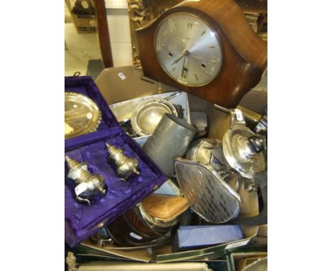 A box of assorted plated wares to include four piece tea set, dressing table set, assorted cutlery, oak biscuit barrel, Smith