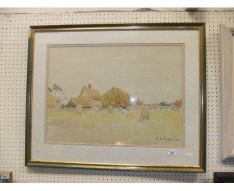 R G EVES "Study of a graveyard with thatched house and buildings in background", watercolour, signed and dated 1929 bottom le