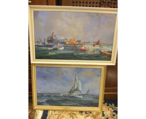 R. J. SCOTT 69 "Seascape study with boats and seagulls", oil on board, signed and dated bottom right, BONNEY "Sailing ship on