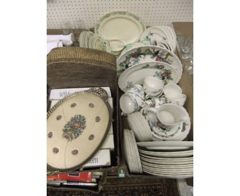 Four boxes of assorted china wares to include Maling table lamp, Edward VIII Coronation mug,  Burleigh ware dinner wares, Woo