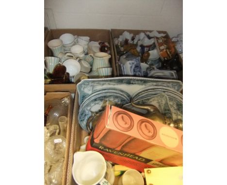 Five boxes of assorted china wares to include decorative plates, vases, tea wares, etc, together with a box of assorted glass