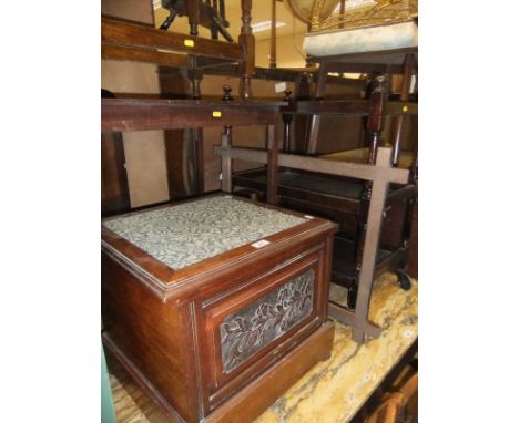 An oak side table, a mahogany side table, three tier tea trolley, a mahogany picture frame and a mahogany commode, mahogany b