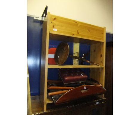 A pine open bookcase and one matching smaller, a butler's tray, a red leatherette footstool, mahogany wine table and a gesso 