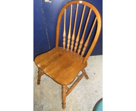 A set of six oak stick back panel seat chairs, together with a rectangular oak table top with baluster decorated frieze (no l