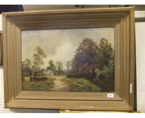 JOHNSON "Children playing with chickens in meadow with trees and house in background", oil on canvas, signed and dated 1926 b