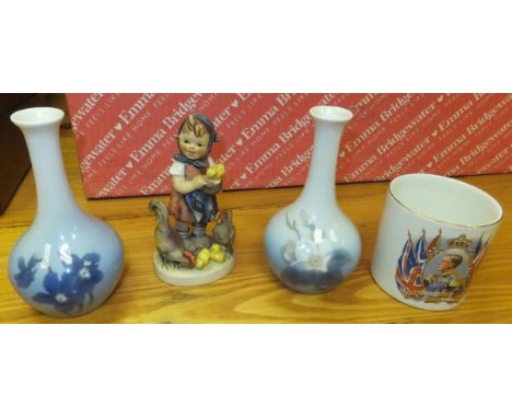 Two boxes of miscellaneous items to include a Goebel Hummel figure of a girl with chickens, a pair of Bing & Grondahl porcela