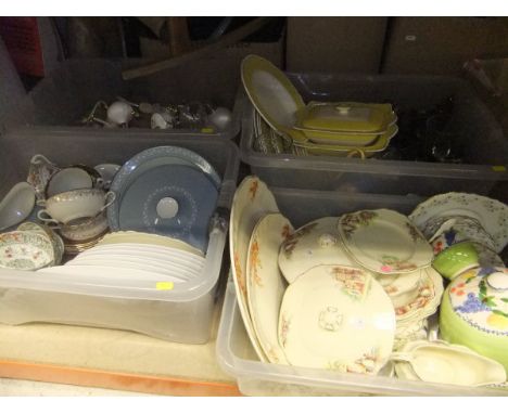 Three boxes of assorted dinner wares, etc, to include Royal Doulton "Aegean" Meakin Dorothy Vernon Sunshine part dinner servi