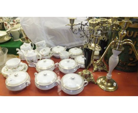 A collection of nine Minton soup bowls and covers with gilt decoration, a collection of Minton "Spring Valley" tea wares deco