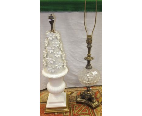 A Victorian oil lamp style brassed and cut glass table lamp and a Casa Pupo white glazed pottery floral encrusted table lamp 