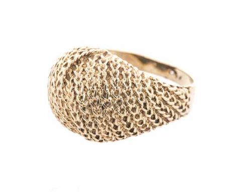 A 14CT GOLD RING the domed band embellished with mesh detailing, impressed 585, distress, size K 