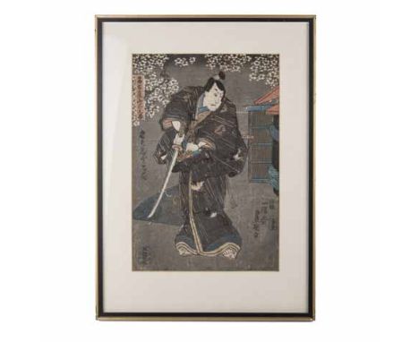 A JAPANESE WOODBLOCK PRINT depicting a samurai, signed, framed the plate 35cm by 23,5cm 
