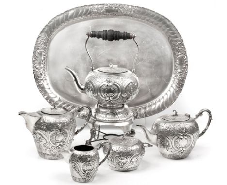 A SIX-PIECE SILVER TEA SET, CONTINENTAL, .800 STANDARD comprising: a teapot, a kettle-on-stand, a hot water jug, a milk jug, 