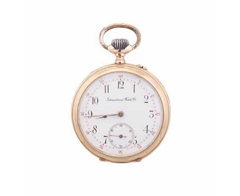 AN 18CT GOLD OPEN-FACED POCKET WATCH, INTERNATIONAL WATCH CO the circular white dial, with black Arabic numeral hour markers,