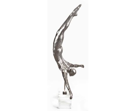 Lydia Da Silva (South African 20th Century-) SWAN DIVER bronze with nickel finish UV bonded to crystal base 130 by 98cm 