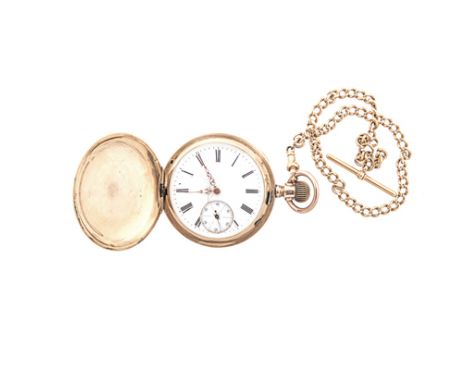 A 14CT GOLD HUNTER-CASED POCKET WATCH the circular white dial with black Roman numeral hour markers, outer calibrated minute 