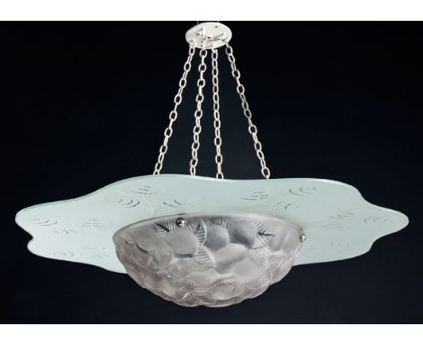 A LALIQUE LAUSANNE HANGING LIGHT, 20TH CENTURY the floral-shaped surround centred by an opalescent bowl suspended from three 