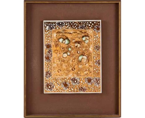 ESIAS BOSCH (1923-2010): A CERAMIC LUSTRE TILE decorated overall with flowerheads against a gilt pattern, framed 41cm high, 4