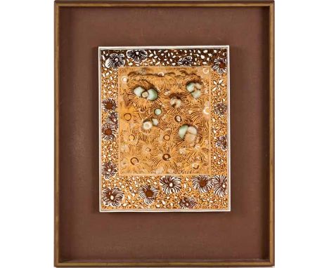 ESIAS BOSCH (1923-2010): A CERAMIC LUSTRE TILE decorated overall with flowerheads against a gilt pattern, framed 41cm high, 4