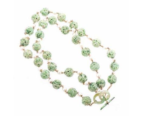 A JADE-LIKE NECKLACE composed of circular carved jade-like beads, interspersed with cultured pearls, with a clasp composed of