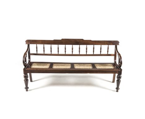 A CAPE REGENCY STINKWOOD RUSBANK the shaped top rail above a plain mid-rail joined by turned spindles, curved scrolling arms,