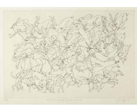 Claire Alison Gavronsky (South African 1957-) RUN WITH THE HARE AND HUNT WITH THE HOUNDS etching, signed, dated 2011, numbere