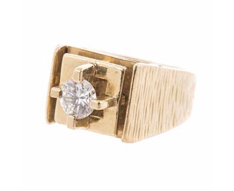 A DIAMOND RING the square-shaped plaque centred with a round brilliant-cut diamond weighing approximately 0.71cts, the broad 