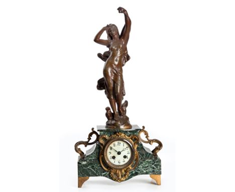 A FRENCH GREEN-VEINED MARBLE AND BRONZE MANTEL CLOCK, SCULPTURE BY AUGUSTE MOREAU, CIRCA 1850 BUYERS ARE ADVISED THAT A SERVI