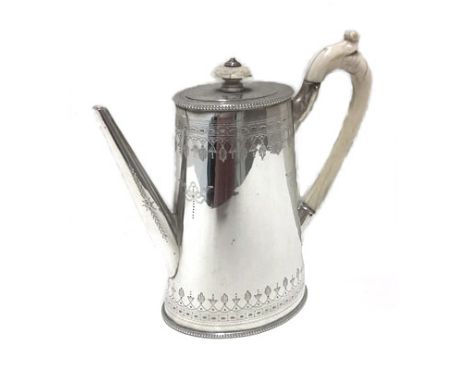 A VICTORIAN SILVER COFFEE POT, HENRY HOLLAND, LONDON, 1874 NOT SUITABLE FOR EXPORT the tapered cylindrical body with bands of