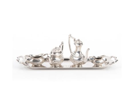 A SILVER MINIATURE TEA AND COFFEE SET, JOHN ROSE, BIRMINGHAM, 1949 comprising: a teapot, a coffee pot, a milk jug, a two-hand