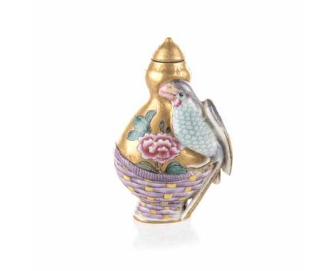 A CHINESE FAMILLE ROSE SNUFF BOTTLE moulded with a parrot resting on a woven basket issuing a pink tree peony, gilded shoulde