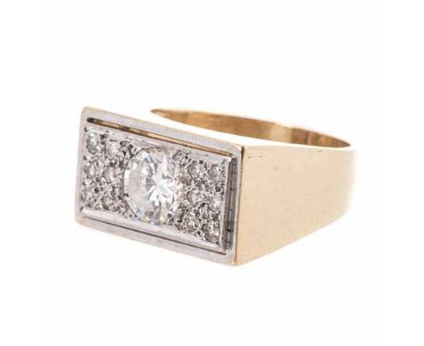 A DIAMOND RING the broad band centred with a rectangular plaque embellished with round brilliant-cut diamonds weighing approx